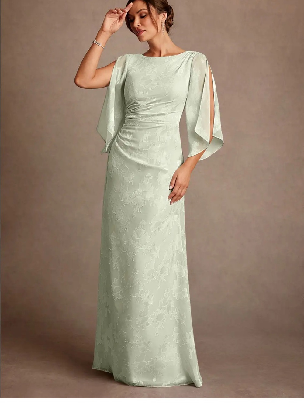 Azazie Pale Sage Lace Cape Sleeve Maxi Dress